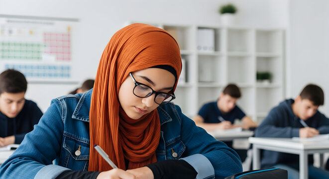 Focused student in hijab diligently takes notes in a classroom setting, showcasing the pursuit of knowledge and academic success through education.
