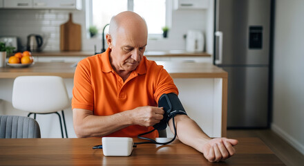 Senior man in orange shirt monitors his blood pressure at home using a digital monitor, ensuring proactive healthcare and wellbeing with ease and precision.