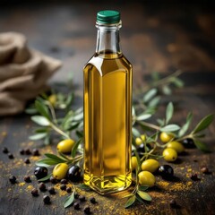 Premium olive oil bottle, fresh olives and peppercorns on wood
