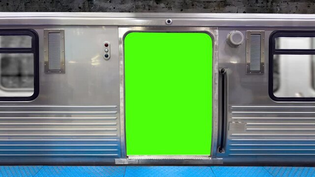 A close-up of modern stainless steel subway train doors features a bright green screen in the window panels, ready for chroma key replacement.