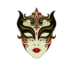 A highly detailed ornamental mask with black, gold, and red accents. Ideal for mystery, cultural, carnival, festival designs, and decorations.

