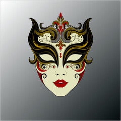 A highly detailed ornamental mask with black, gold, and red accents. Ideal for mystery, cultural, carnival, festival designs, and decorations.
