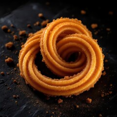 Golden fried spiral churros with sugar dust on a gourmet platter
