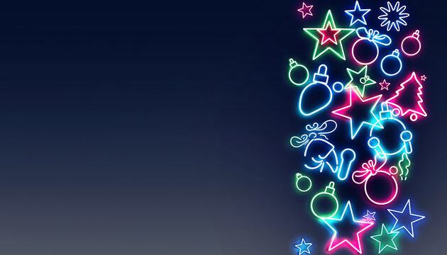 Festive holiday season with bright neon Christmas ornaments and star decorations