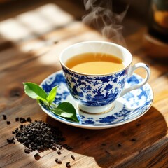 Elegant cup of steaming tea with green leaves and dry tea on wood.