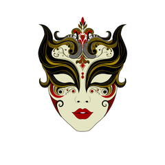 A highly detailed ornamental mask with black, gold, and red accents. Ideal for mystery, cultural, carnival, festival designs, and decorations.
