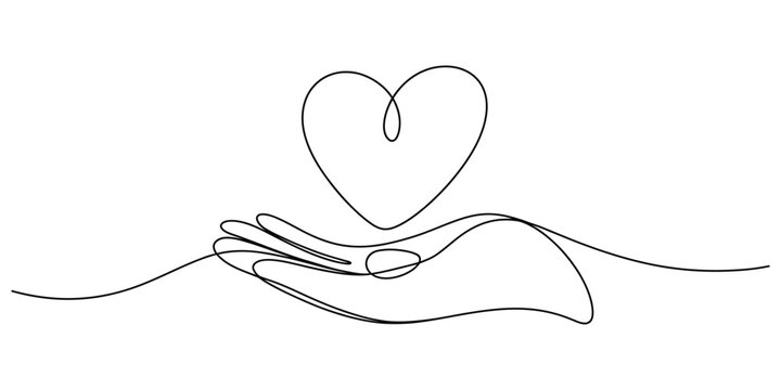 Continuous line drawing of hand holding heart symbol of love care