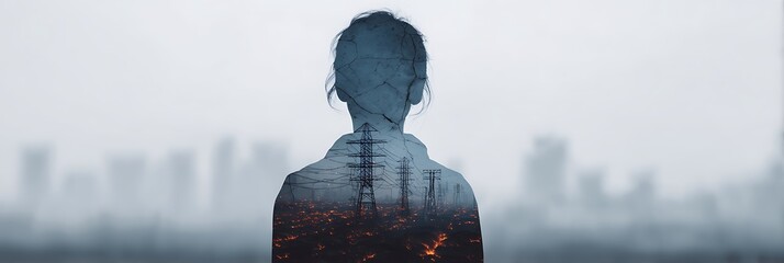 A silhouette of a woman is overlaid with a cityscape, emphasizing themes of urban life and introspection amidst a hazy environment.