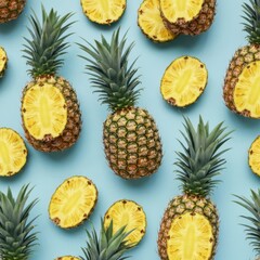 Fresh pineapples and slices arranged on vibrant blue background