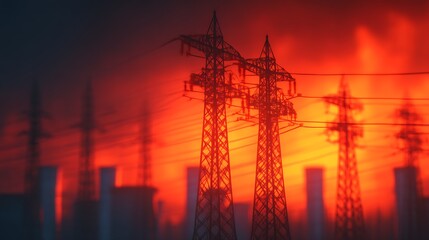 The image features towering power lines silhouetted against a dramatic orange and red sky, creating an intense and industrial atmosphere.