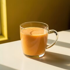 Refreshing orange drink in a clear glass mug on a sunlit table