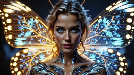 Fantasy woman with glowing butterfly wings and illuminated body art. - Powered by Adobe