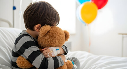 A young boy in a hospital bed, clutching his teddy bear, looking out the window, dreaming of being home again and feeling better soon from his illness.