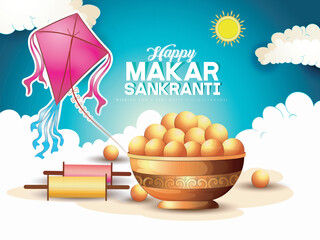 vector illustration of Happy Makar Sankranti background with colorful kites,sweets and hand lettring. 