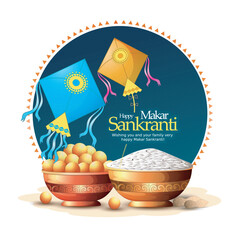 vector illustration of Happy Makar Sankranti background with colorful kites,sweets and hand lettring. 