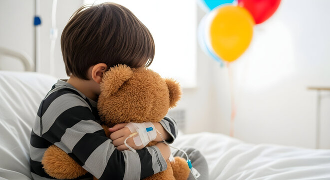 A young boy in a hospital bed, clutching his teddy bear, looking out the window, dreaming of being home again and feeling better soon from his illness.
