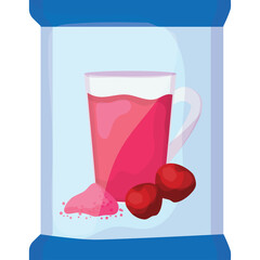 Pink Drink Powder In A Blue Package With Two Cherries And A Glass Of Pink Drink On A Transparent Background