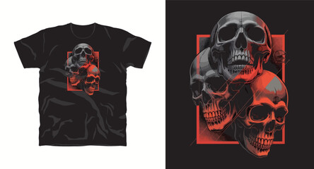 Fototapeta premium Three Skulls Stacked T-Shirt Vector Graphic Design in Red Frame
