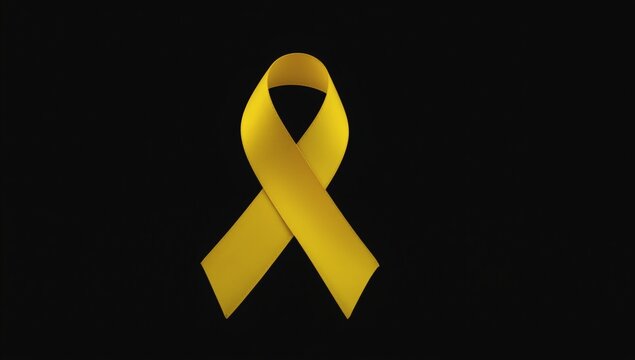 A bright yellow awareness ribbon stands out against a stark black background symbolizing support and remembrance