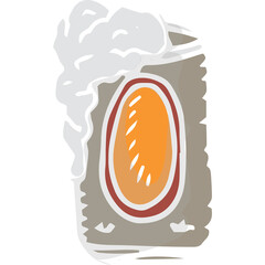 Illustration of a refreshing beverage in a can with frothy foam spilling over the top and a warm amber liquid inside isolated on a transparent background
