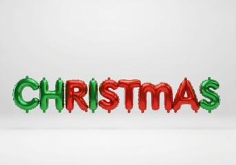 Christmas word spelled with shiny red and green foil balloons