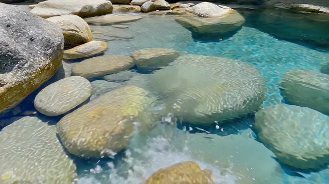 Clear Turquoise Water Flowing Over Smooth Rounded Rocks in a Natural Stream river stones
