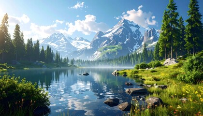 Mountain lake scene, reflected in clear water, surrounded by trees, grass and snowcapped peaks under a bright blue sky