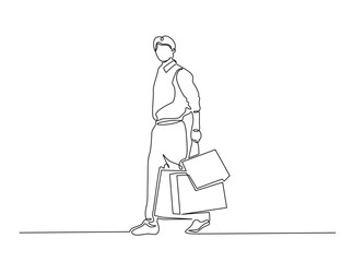 Continuous line art drawing of young man caryying shopping bag. Editable stroke.