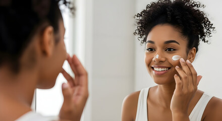 A smiling young African American woman applies facial cream in front of a mirror, enhancing her beauty with a skincare routine that feels great and is effective.