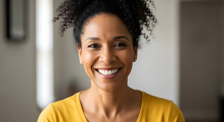 A beautiful, confident, and successful woman with a captivating smile, radiating happiness and warmth in a modern and inviting home environment today.