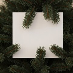 Blank white card framed by green pine branches for holiday text