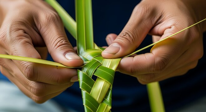 Palm frond braiding skill, artisanal tropical craftwork in progress