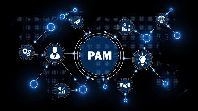 pam data visualization with business security symbols. blue glowing network background for admin access. innovative identity safety system technology graphic.