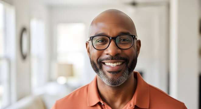 Experience the genuine warmth of a confident, middle-aged African American man with glasses, radiating positivity and success in a bright, modern home setting. - Powered by Adobe