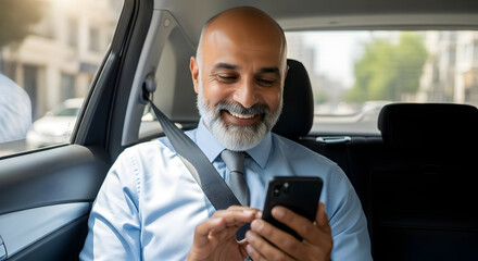 A smiling businessman in a car uses his smartphone to stay connected and manage his business affairs while traveling to his next important meeting.