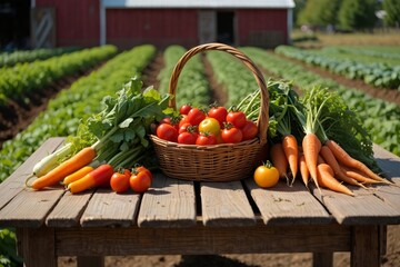 Freshly harvested produce on a farm table with a basket of tomatoes and carrots