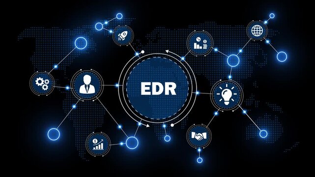 futuristic edr endpoint detection and response interface with global network. advanced cybernetic screen with security management icons. blue glowing network background for endpoint protection.