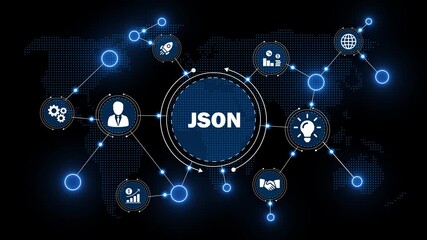 futuristic json data exchange interface with global network icons. modern technology hud showing json data structure. strategic coding interface with connected nodes. - Powered by Adobe