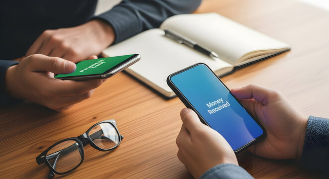 Two people are making mobile payments, sending and receiving money with their smartphones, showcasing the ease of modern financial transactions today.