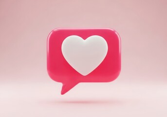 A pink speech bubble with a white heart inside, symbolizing love and communication on a pink background