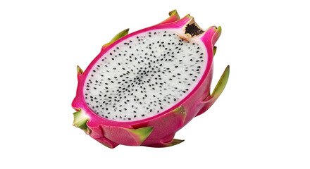 A vibrant half of dragon fruit, isolated on transparent background, showcases its unique pink skin and speckled white flesh, offering a refreshing and exotic treat