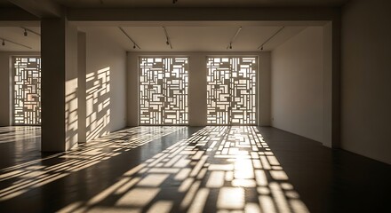 Sunlit interior casting geometric patterns through latticed windows