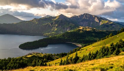 Mountain lake vista jagged peaks, sunlit slopes, clear water under a partly cloudy sky. A serene and scenic view