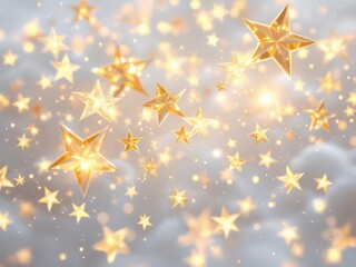Radiant golden stars and sparkling bokeh lights on a soft background.