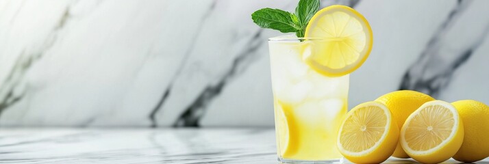 Glass of cold fresh lemonade with ice, lemon slice, and mint garnish on a white marble table. Fresh lemons nearby. Summer refreshing drink concept with copy space