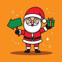 Happy Santa Claus Holding a Gift and Pointing Left with an Arrow Illustration