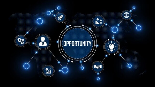 global market opportunity dashboard with world map background. blue glowing network background focusing on new opportunities. corporate management interface for identifying opportunities.