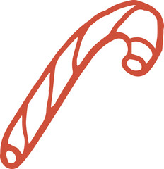 Whimsical line art illustration of red sweet candy cane stick. Vector vintage cottagecore Christmas hand drawn doodle.