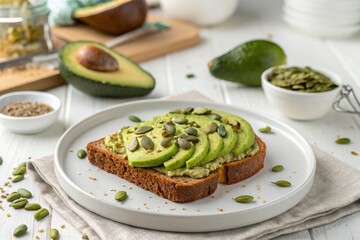 Avocado Toast with Pumpkin Seeds on Whole Grain Bread