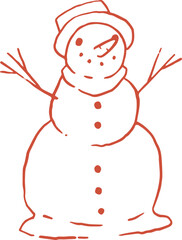 Whimsical line art illustration of funny snowman with hat and scarf. Vector vintage cottagecore Christmas hand drawn doodle.
